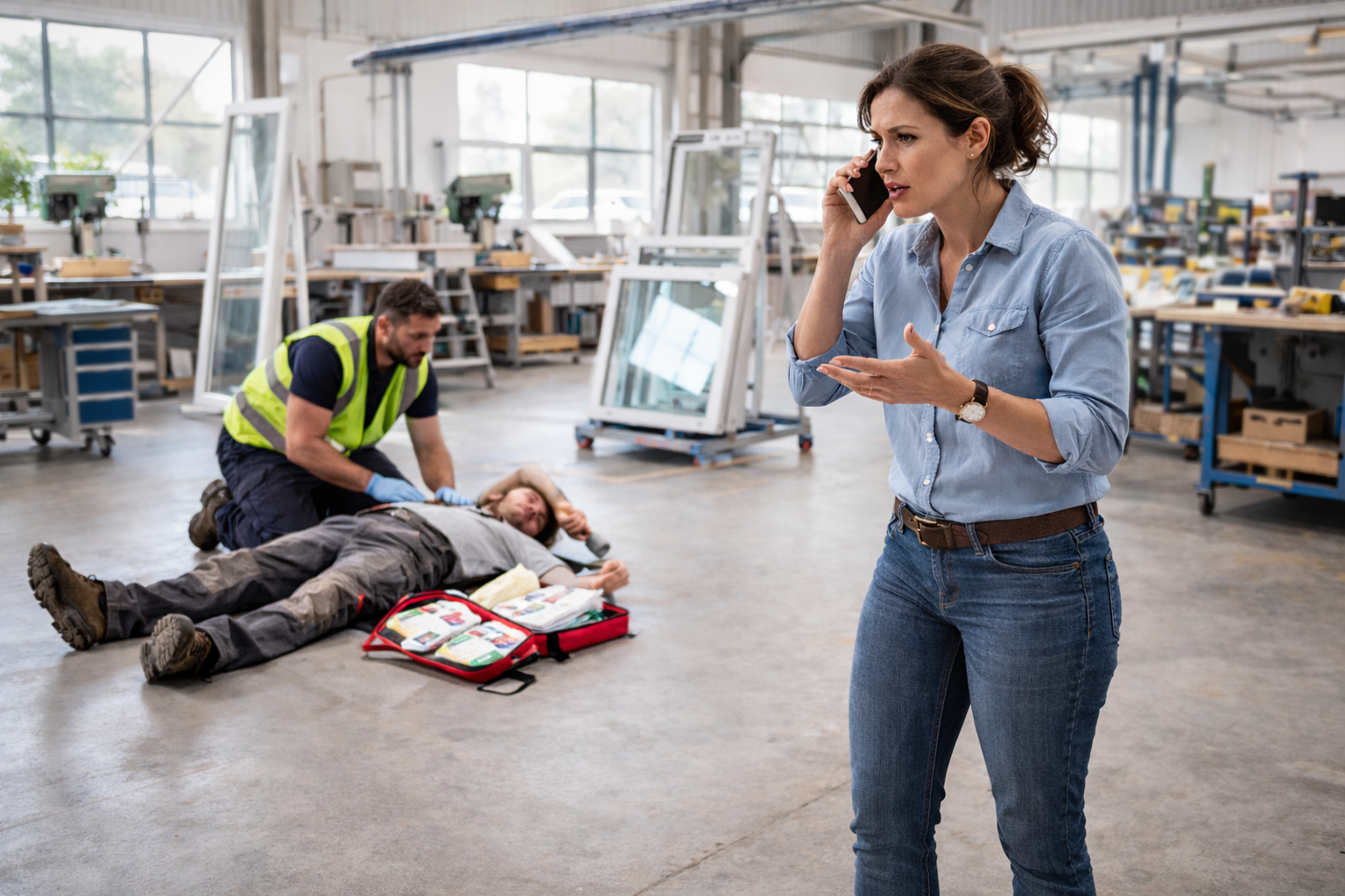 Trois personnes, une au sol victime de malaise, un sst qui pratique les premiers secours, une troisième au téléphonne 